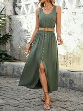 Perfee Decorative Button Slit Sleeveless Midi Dress